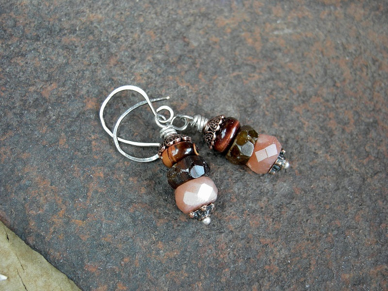 Simple gems stack earrings with warm color faceted sunstone, hessonite garnet & red tiger eye.