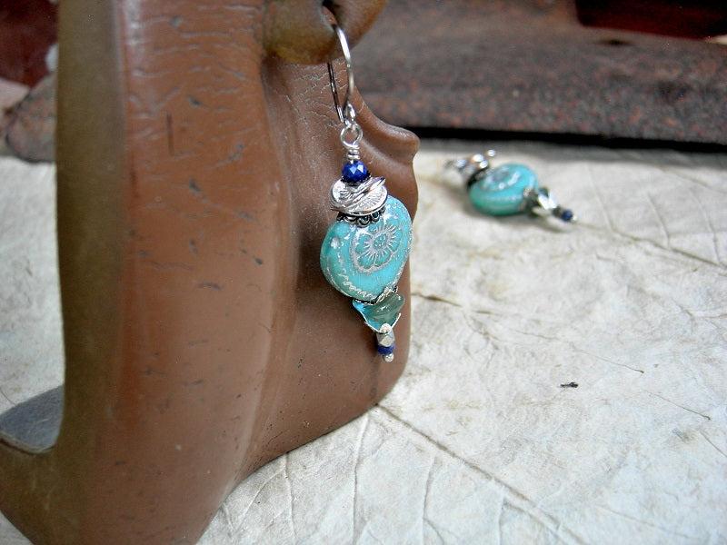 Blue glass, silver & lapis gemstone earrings with heart & flower shaped beads.