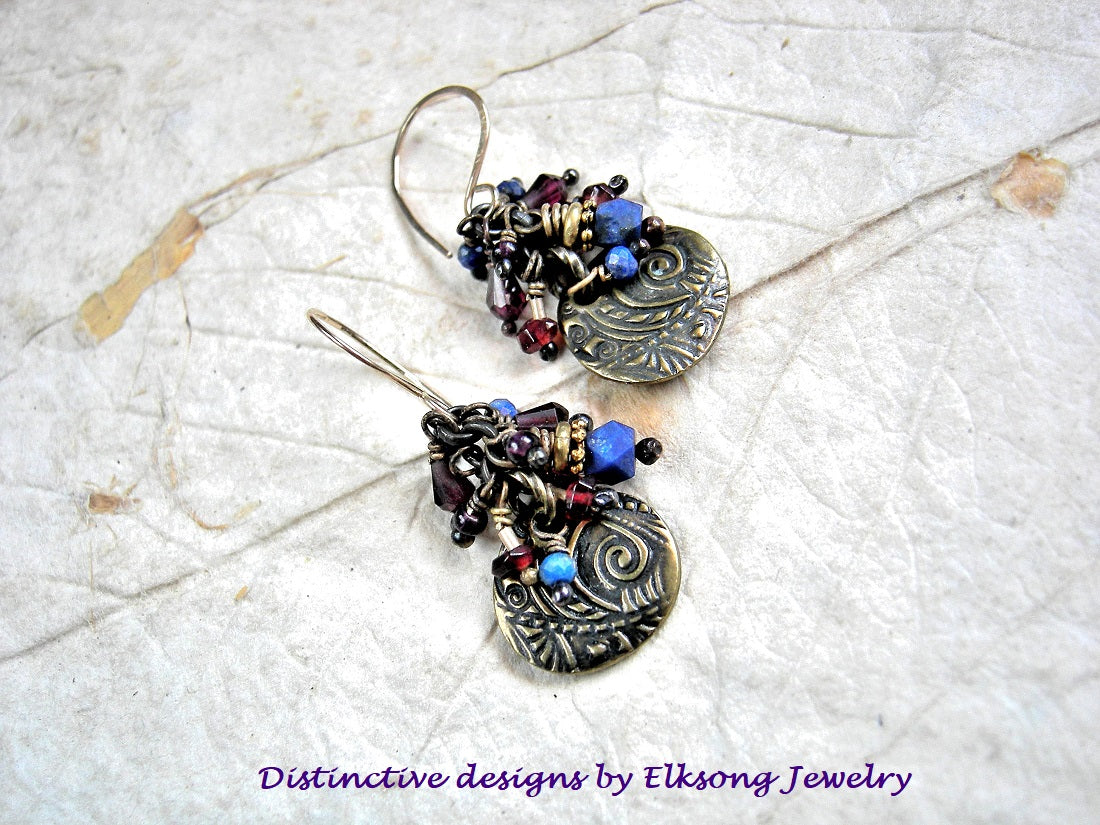 Lapis & garnet cluster style earrings with antiqued gold charms, violet African glass seed beads & 14kt gold filled earwires.