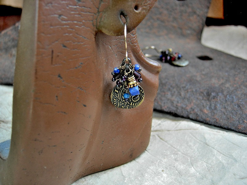 Queen's Garden lapis & garnet cluster style earrings with antiqued gold charms, violet African glass seed beads & 14kt gold filled earwires.