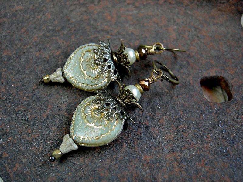 Elegant bead stack earrings with white glass hearts, Victorian style brass filigree, glass pearls & flowers, bronze metallic faceted crystal rondelles.