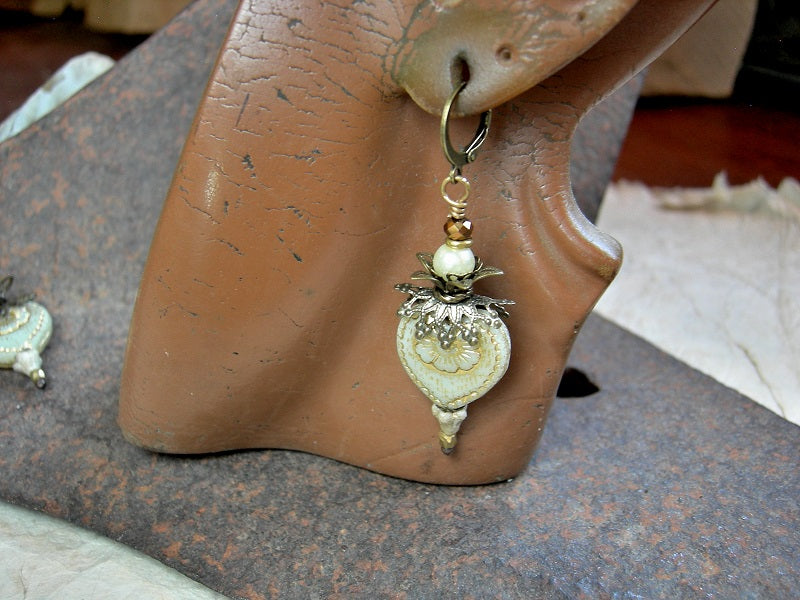 Romantic white heart earrings, Victorian style brass filigree, glass pearls & flowers, bronze metallic faceted crystal rondelles.