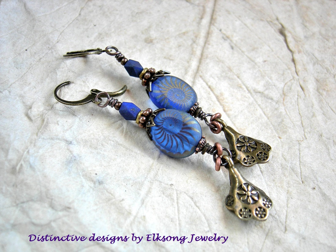 Deep Blue Sea earrings with oval blue glass, nautilus decorated beads, faceted lapis & antiqued gold scallop drops.