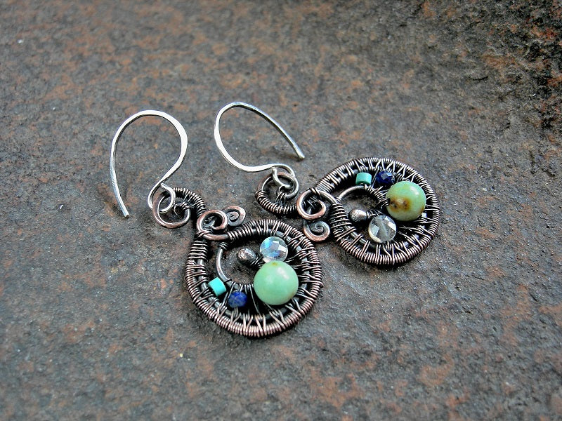 Blue Bubbles Earrings, Copper Wire Wrap Spirals, Blue Gemstone Beads