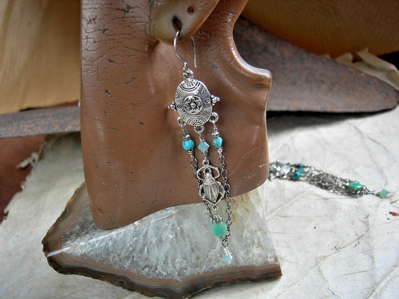 Aqua & silver earrings with turquoise, sterling chain, chrysoprase & silver scarab charms.
