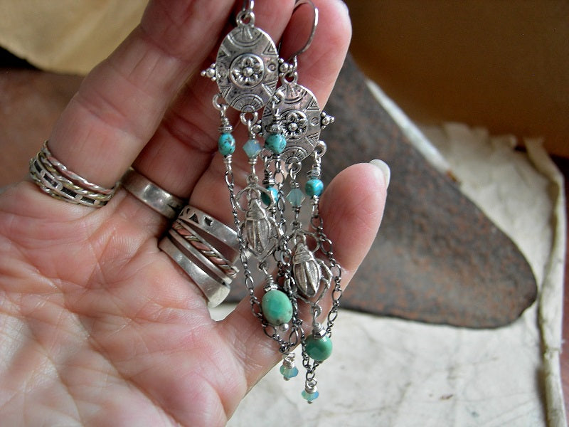 Dramatically long earrings with turquoise, sterling chain, chrysoprase & silver scarab charms.