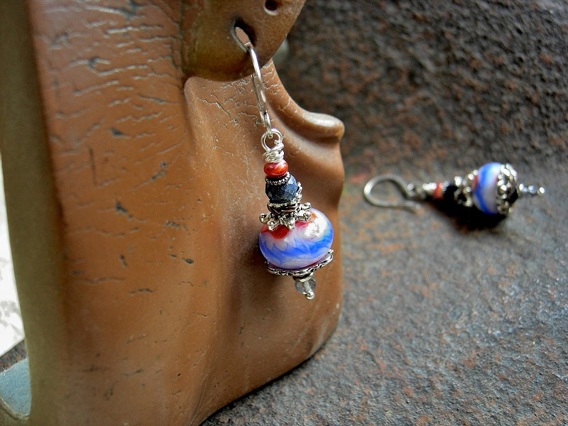 Art bead earrings with handmade coral/white/blue lampwork glass beads, iolite, lapis & spiny oyster shell. Sterling ear wires.