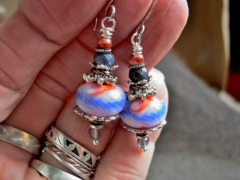 Colorful earrings with handmade coral/white/blue lampwork glass art beads, iolite, lapis & spiny oyster shell. Sterling ear wires. 