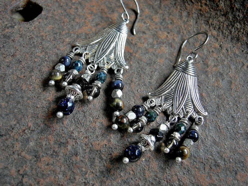 Boho luxe chandelier earrings with silver lotus flower hangers, black & brown gemstone, glass & silver beads.