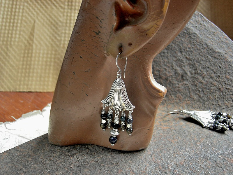 Dark Lotus chandelier earrings with silver lotus flower hangers, black & brown gemstone, glass & silver beads.