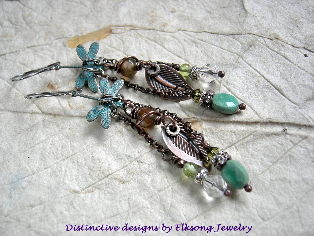 Forest Pool earrings, chandelier style with verdigris dragonfly & copper leaf charms, chrysoprase, crystal, agate & peridot.