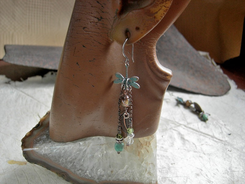 Forest Pool earrings, chandelier style with verdigris dragonfly & copper leaf charms, chrysoprase, crystal, agate & peridot.