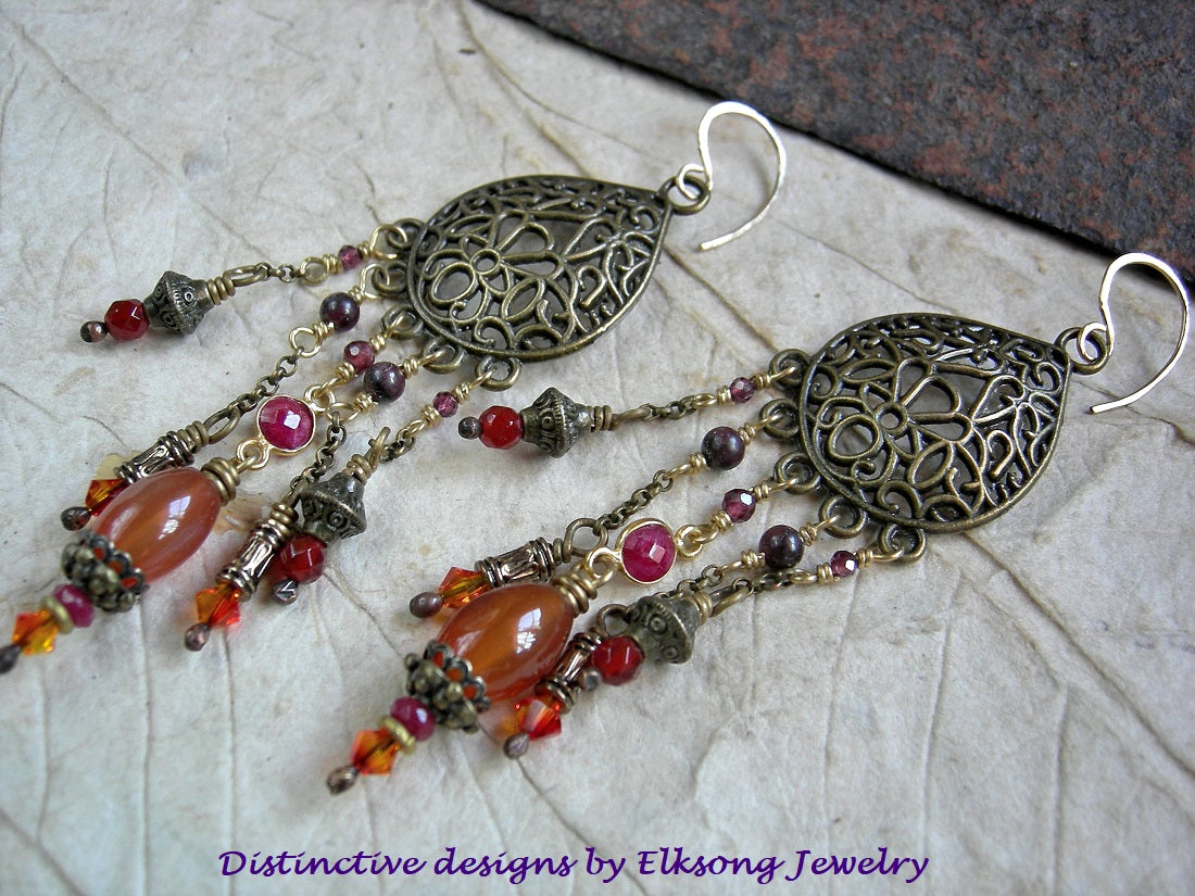 Fall's Riches chandelier earrings with antiqued brass & gold, garnet, carnelian & ruby. 14kt gf ear wires.
