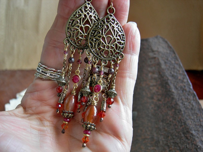 Autumn color chandelier earrings with antiqued brass & gold, garnet, carnelian & ruby. 14kt gf ear wires.