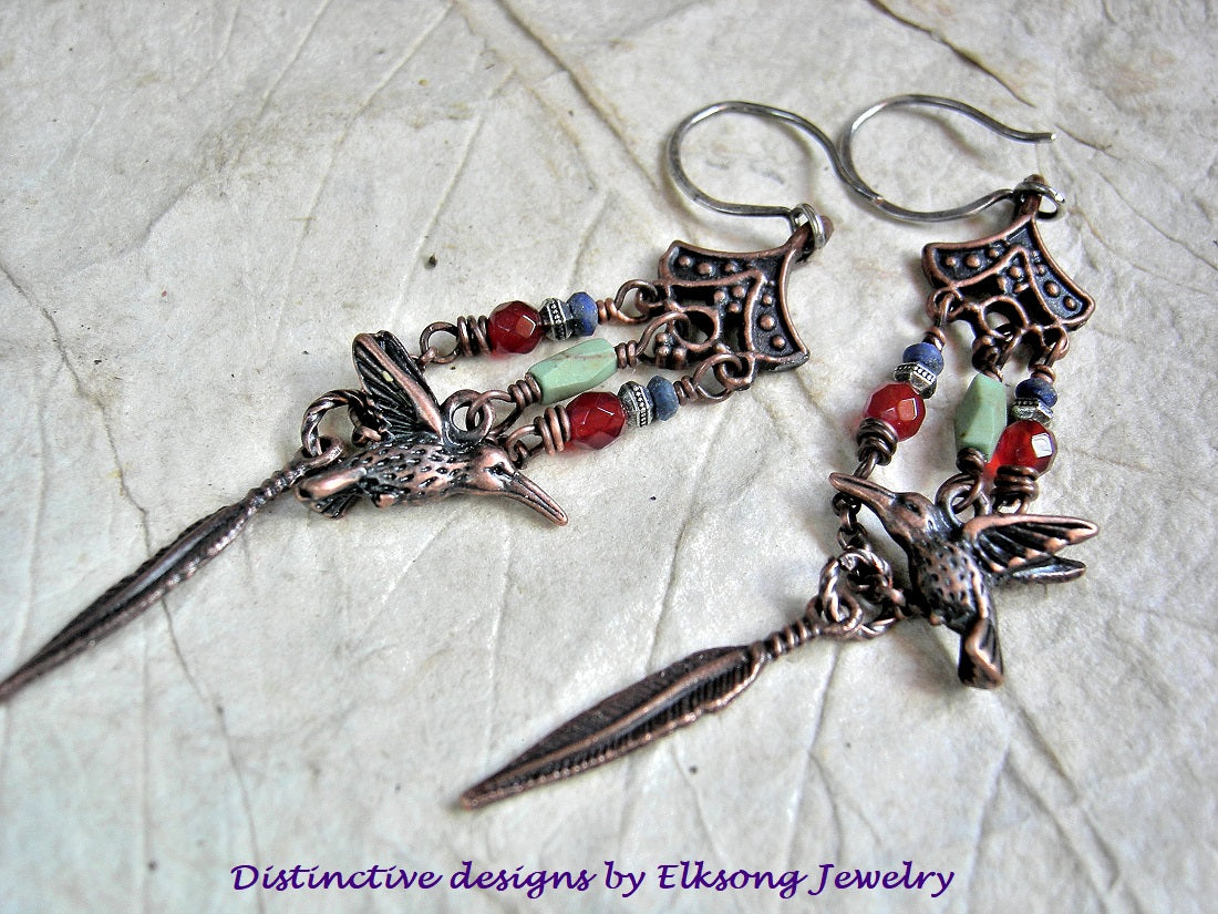 Autumn hummingbird earrings, chandelier style with colorful gemstone beads, copper hummingbird & feather charms, sterling ear wires.