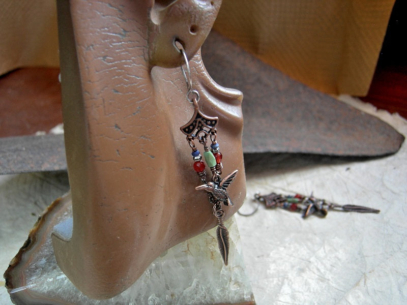 Autumn hummingbird earrings, chandelier style with colorful gemstone beads, copper hummingbird & feather charms, sterling ear wires.