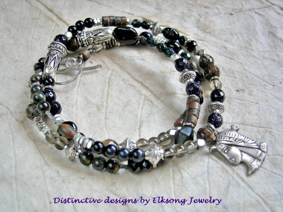 Dark Isis wrap bracelet/necklace with vintage sterling Egyptian charm, silver finish beads & caps, black & brown gemstone beads.
