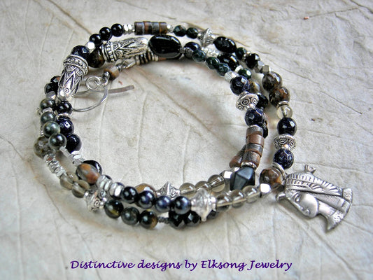 Dark Isis wrap bracelet/necklace with vintage sterling Egyptian charm, silver finish beads & caps, black & brown gemstone beads.