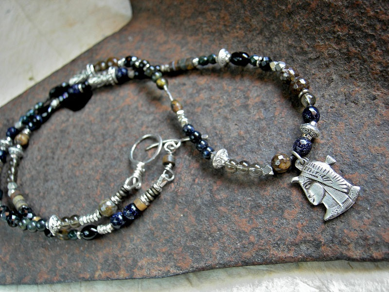 Boho luxe wrap bracelet/necklace with vintage sterling Egyptian charm, silver finish beads & caps, black & brown gemstone beads.