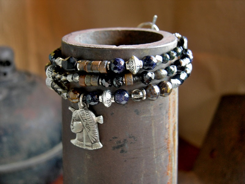 Triple wrap bracelet or necklace with vintage sterling Egyptian charm, silver finish beads & caps, black & brown gemstone beads.