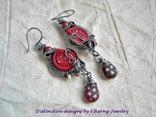 Scarlet nautilus earrings with pressed Czech glass beads, vintage coral rounds, faceted garnet, matte glass teardrops & sterling wire wrap. 