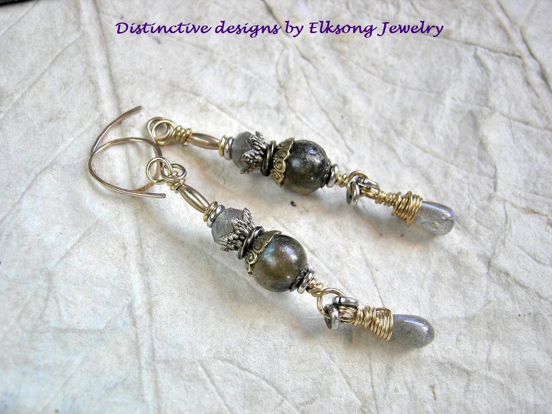 Golden labradorite earrings with smooth & faceted gemstone beads, 14kt gold filled beads and ear wires & red brass wire wrap.