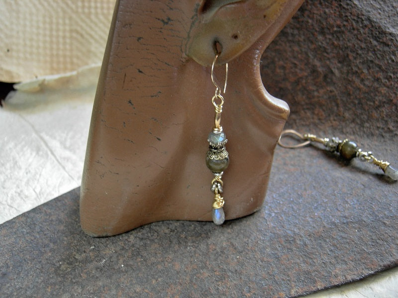 Golden labradorite earrings with smooth & faceted gemstone beads, 14kt gold filled beads and ear wires & red brass wire wrap.