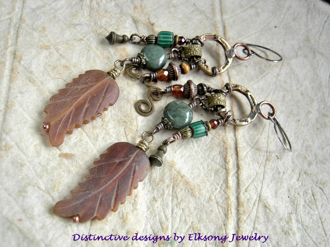 Wood Elf chandelier statement earrings with green & orange gemstone, carved horn, vintage African glass & handmade stamped brass rings.
