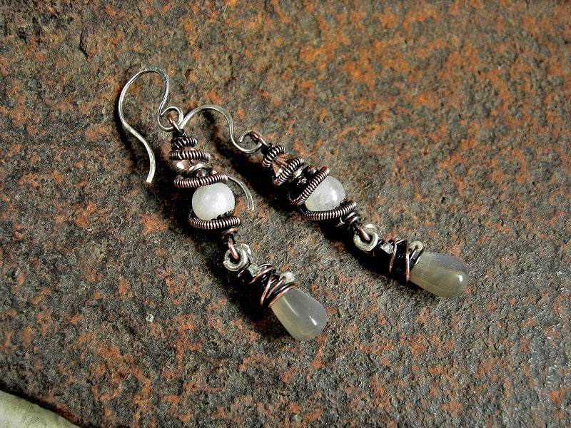 Copper wire wrap earrings in neutral colors, white & grey moonstone, pale pink Swarovski crystals.