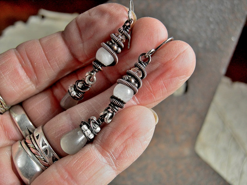 Neutral color, boho glam earrings with copper wire wrap, white & grey moonstone, pale pink Swarovski crystals.
