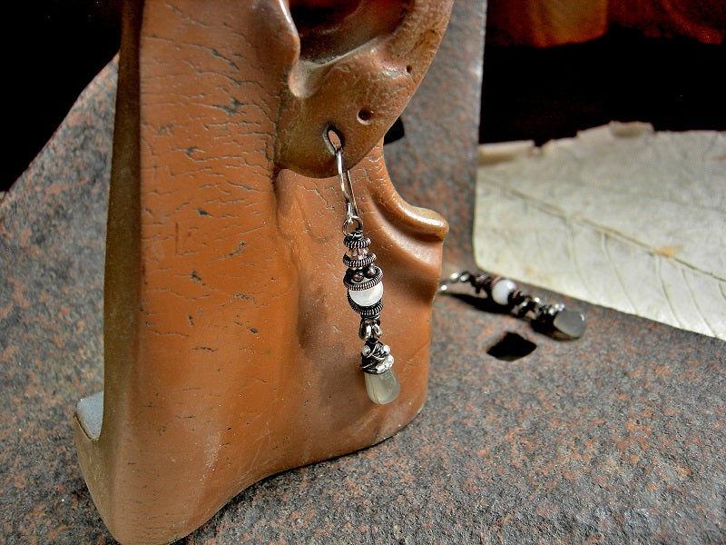 Moonstone & copper wire wrap earrings, neutral colors, white & grey stone, pale pink Swarovski crystals.