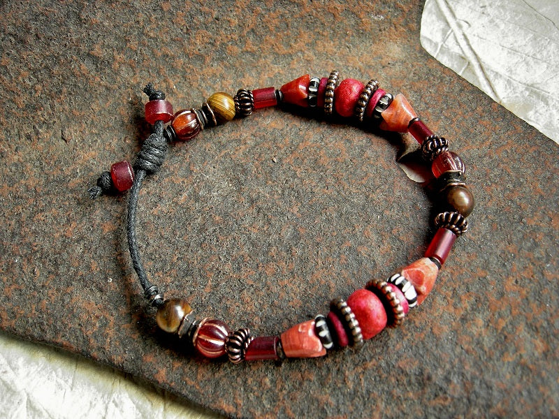Sliding knot, adjustable boho bracelet with tiger eye, red onyx, orange Czech glass beads, red African glass & copper.