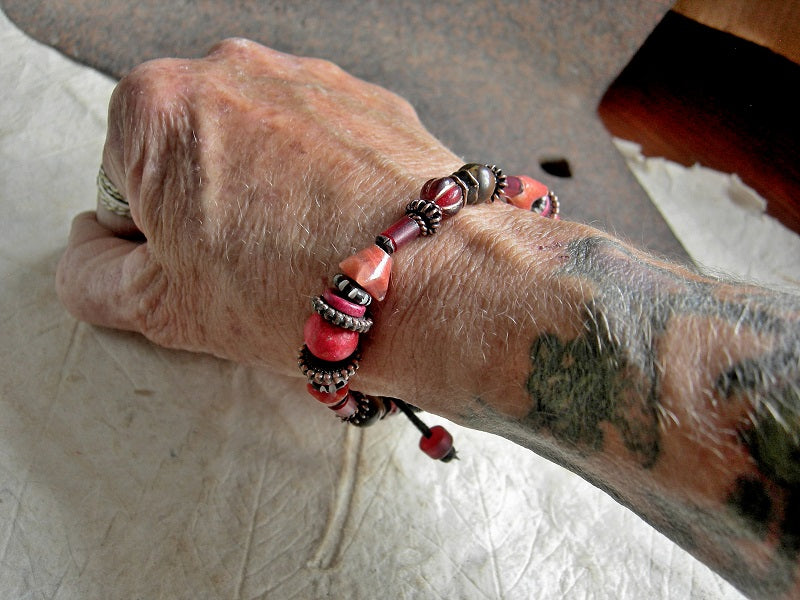 Boho unisex adjustable sliding knot bracelet with tiger eye, red onyx, orange Czech glass beads, red African glass & copper.