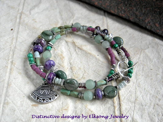 Vineyards asymmetrical wrap bracelet/necklace, strung purple & green gemstone & glass beads, silver details. 