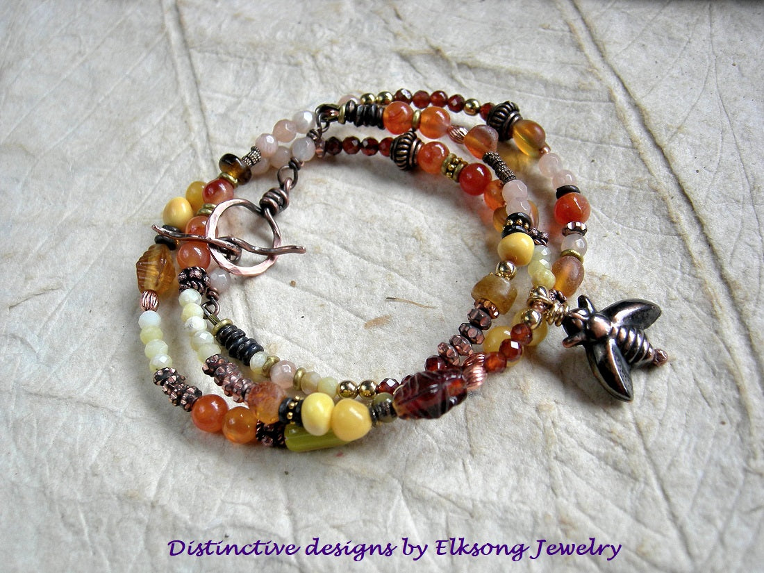 Sun Gold wrap bracelet or necklace, strung gemstone, glass & copper beads, amber, carnelian, yellow opal, hessonite. 