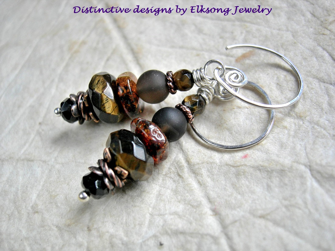 Dark & smoky short drop earrings with stacked faceted tiger eye, smoky quartz, amber & black tourmaline beads.