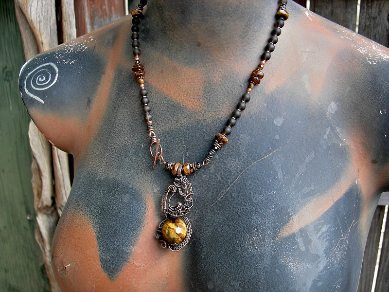 Tiger eye & copper wire wrap art necklace, with ornate focal & strung smoky quartz, tiger eye, black tourmaline & amber beads.