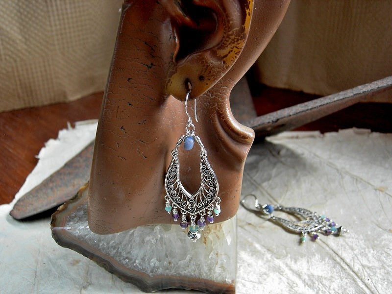 Cool Waters chandelier earrings with silver filigree style hangers, amethyst, amazonite & blue agate beads.