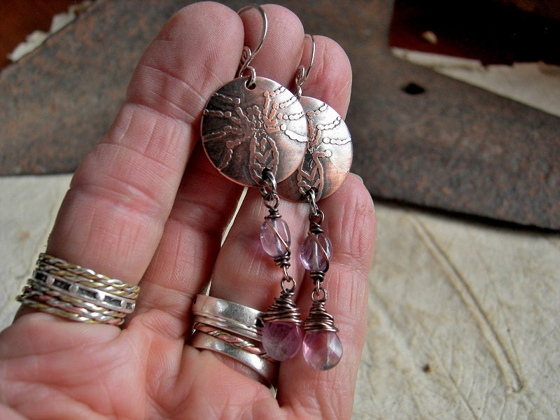 Orb Weaver Earrings, Etched Copper Spider Designs, Amethyst, Fluorite