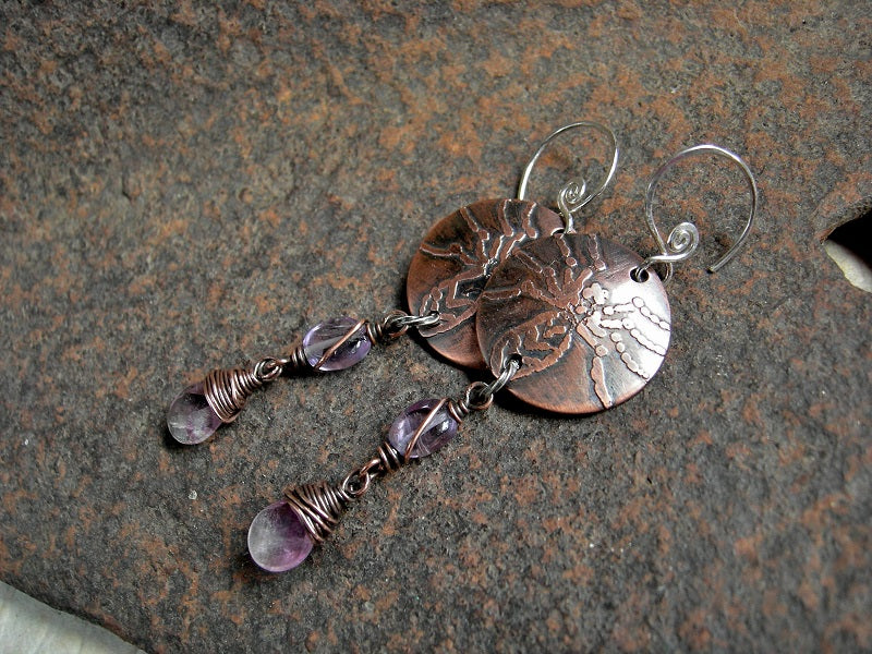 Orb Weaver Earrings, Etched Copper Spider Designs, Amethyst, Fluorite