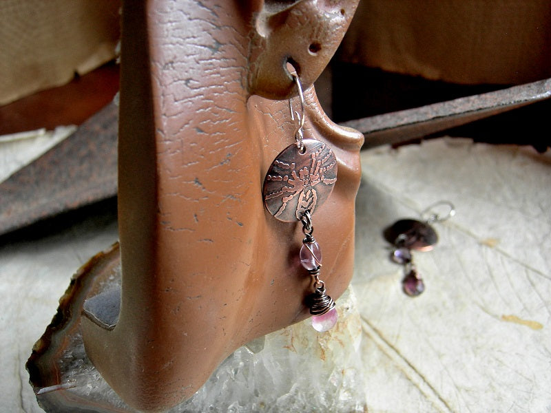 Orb Weaver Earrings, Etched Copper Spider Designs, Amethyst, Fluorite