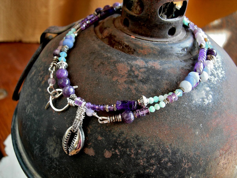 Silver cowrie & gemstone bead wrap bracelet/necklace with amethyst, lepidolite, amazonite & blue agate.