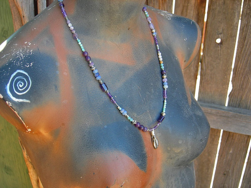 Serene Seas wrap bracelet/necklace with silver cowrie focal, amethyst, lepidolite, amazonite & blue agate.