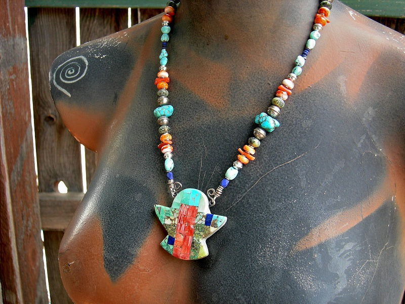 Thunder Bird necklace with hand cut focal of various turquoises, spiny oyster shell & lapis, strung with same beads & sterling silver bench beads.