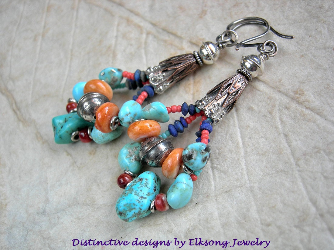 Colorful gemstone Amerind inspired earrings, double loops with natural U.S. turquoise, spiny oyster shell, lapis & sterling bench beads.