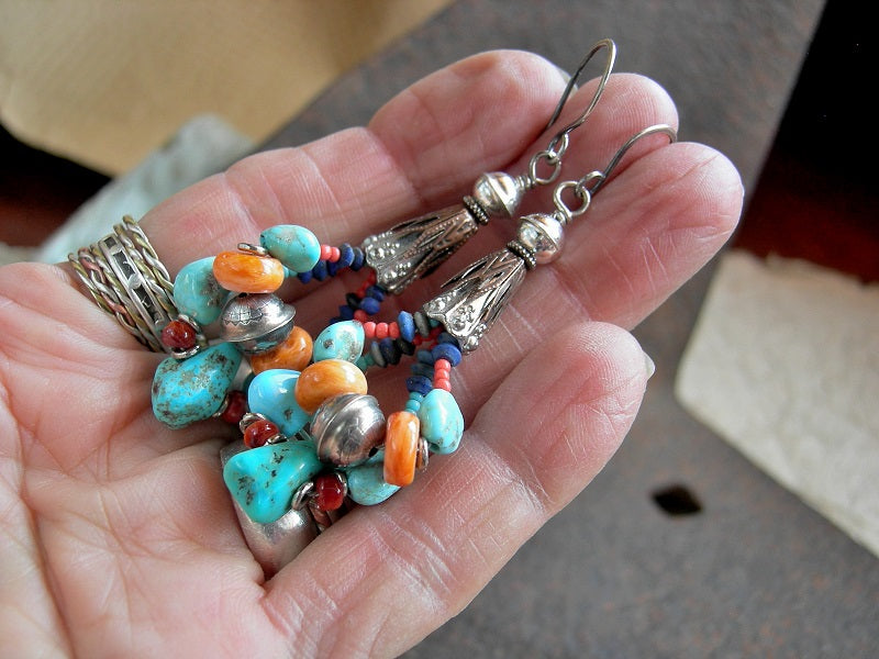 Boho turquoise, Amerind inspired earrings, double loops with spiny oyster shell, lapis & sterling bench beads.