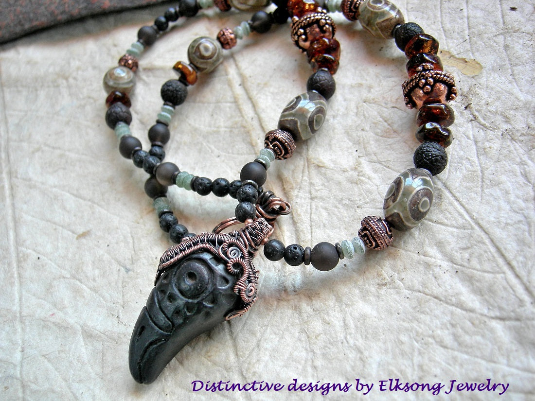 Raven Totem necklace with black clay & copper wire wrap focal, dark mix of gemstone & copper strung bead necklace.