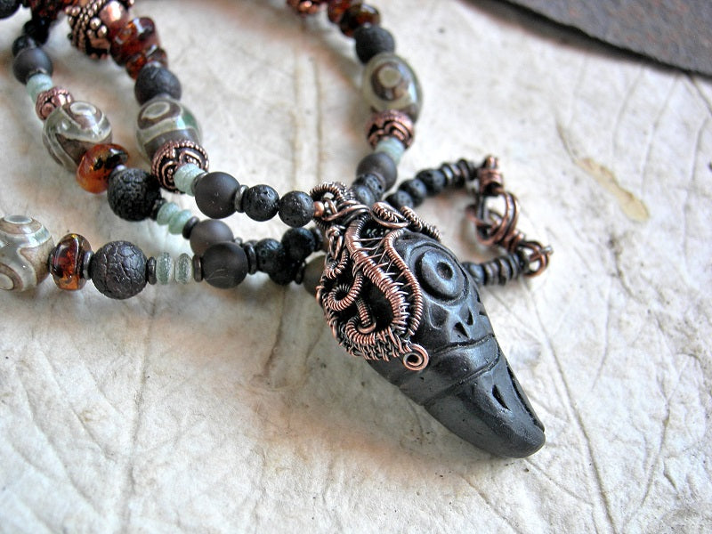 Raven Totem necklace with black clay & copper wire wrap focal, dark mix of gemstone & copper strung bead necklace.