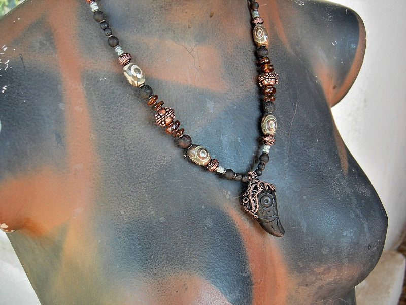 Raven Totem necklace with black clay & copper wire wrap focal, dark mix of gemstone & copper strung bead necklace.