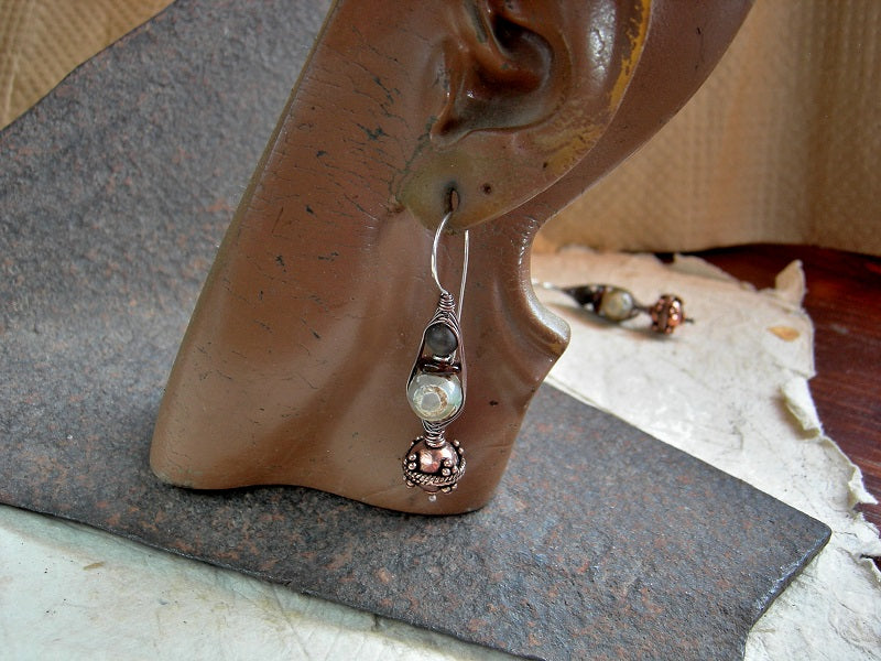Agate & amber wrapped hook earrings with ornate copper beads & matte smoky quartz. Sterling ear wires.